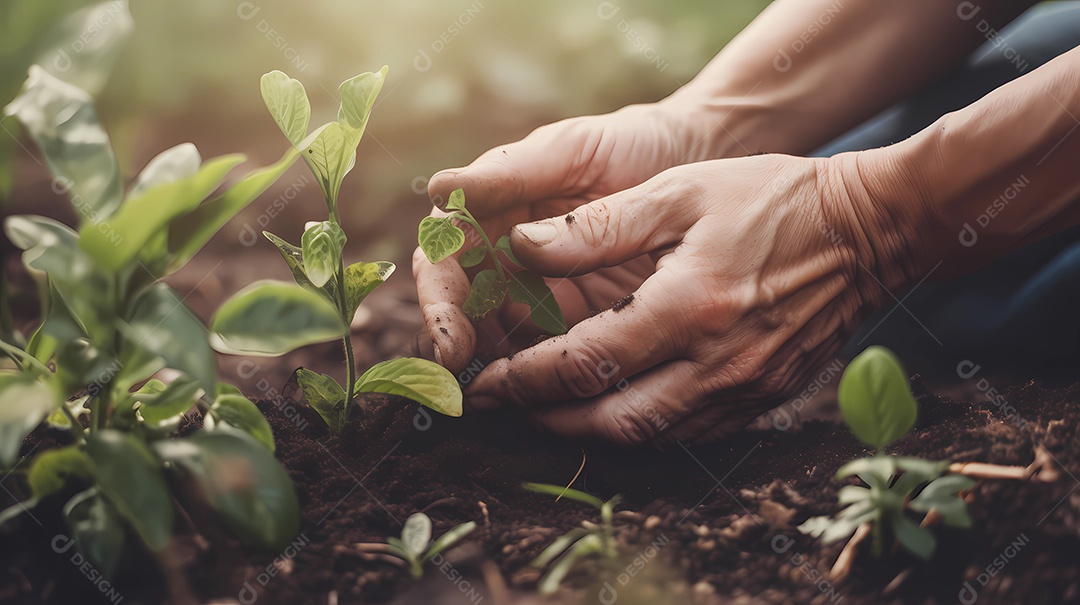 Mãos humanas cuidando de plantas que estão crescendo.