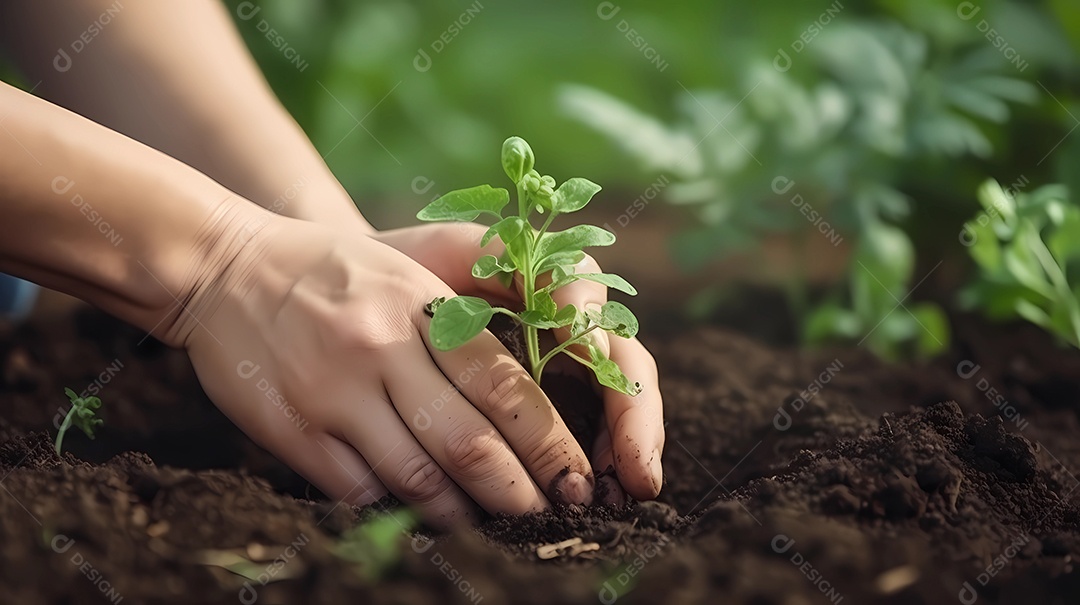 Mãos humanas cuidando de plantas que estão crescendo.