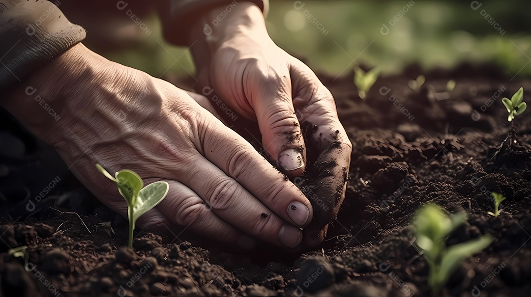Mãos humanas cuidando de plantas que estão crescendo.