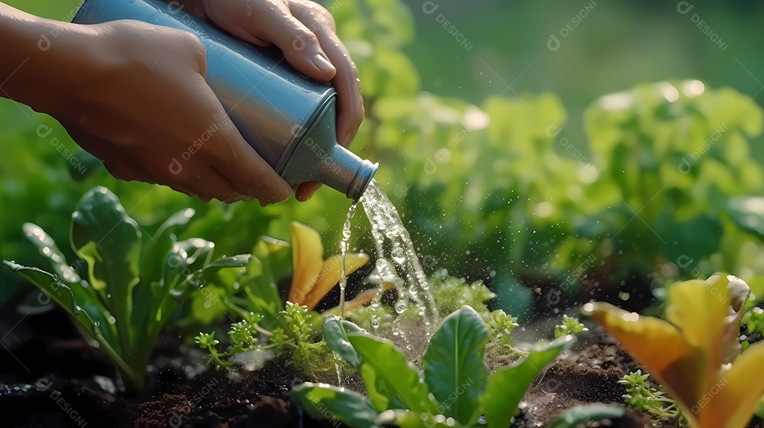 Mãos humanas regando plantas que estão crescendo. conceito de consciência