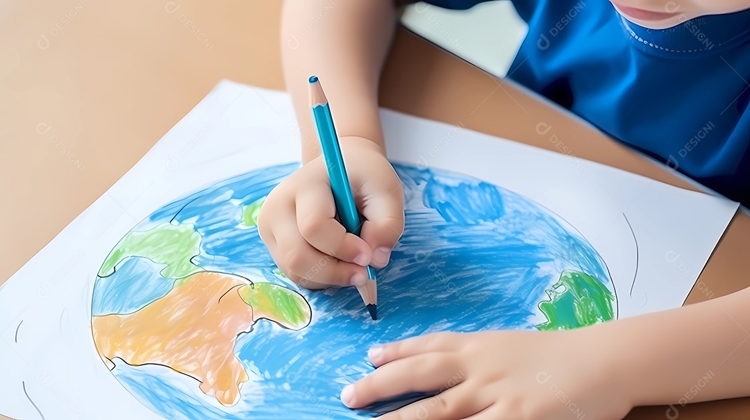 Criança desenhando o planeta Terra em papel branco.