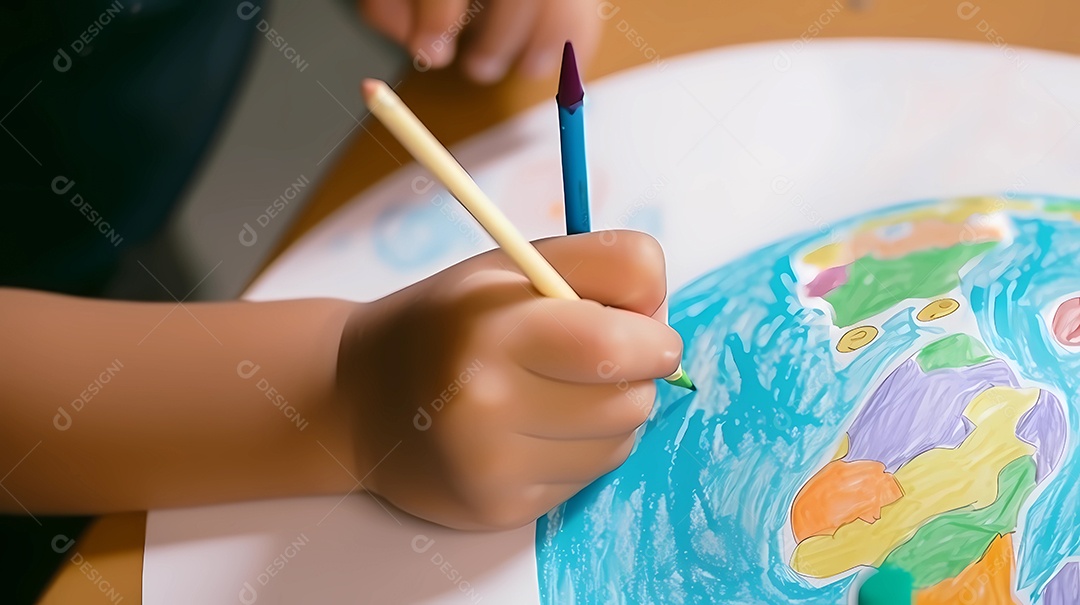 Criança desenhando o planeta Terra em papel branco.