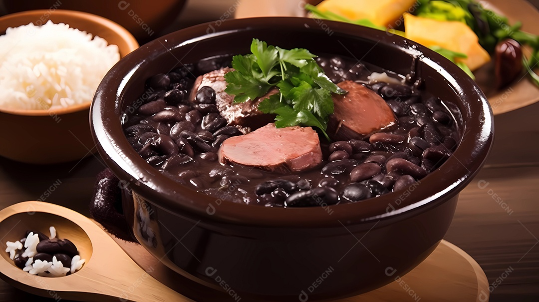 Feijoada tradicional brasileira com feijão preto, carne de porco, arro