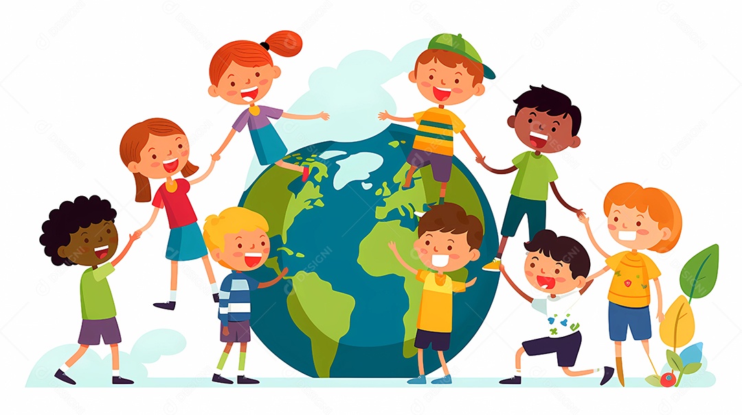 Crianças brincando junto com o planeta Terra. ilustração do conceito