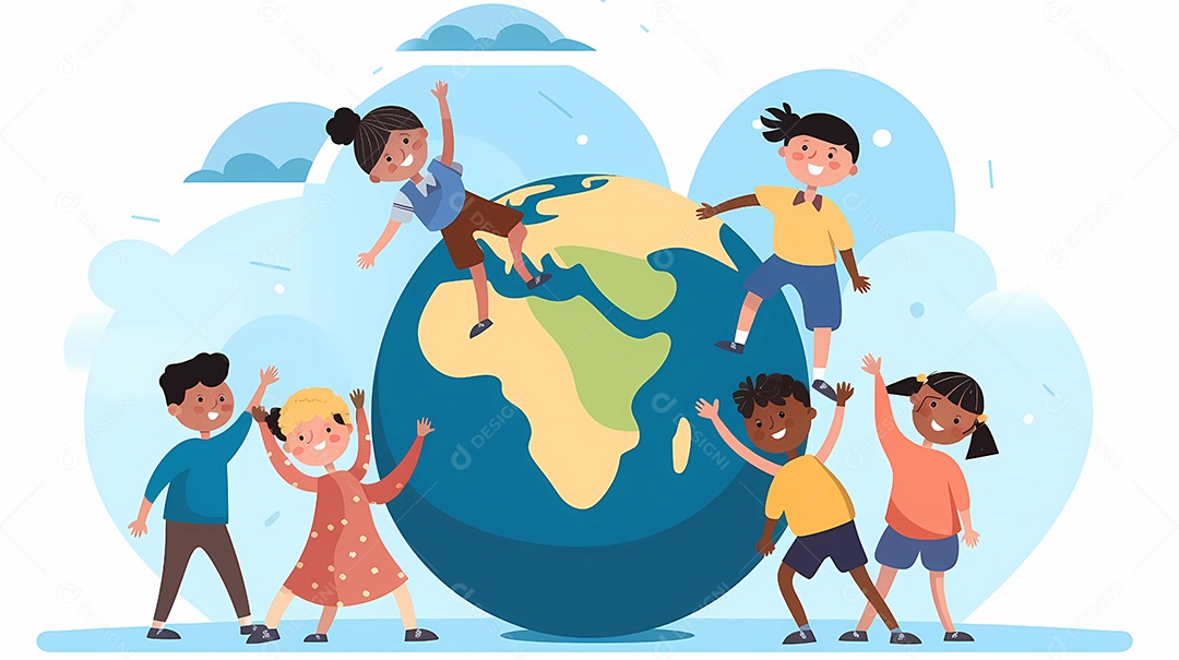 Crianças brincando junto com o planeta Terra. ilustração do conceito