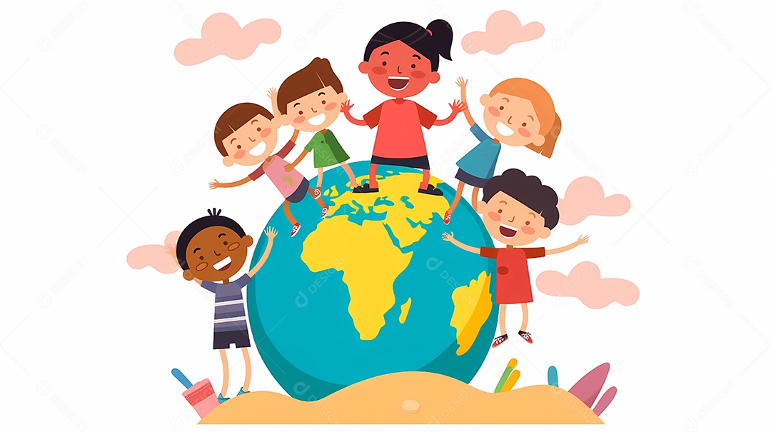 Crianças brincando junto com o planeta Terra. ilustração do conceito