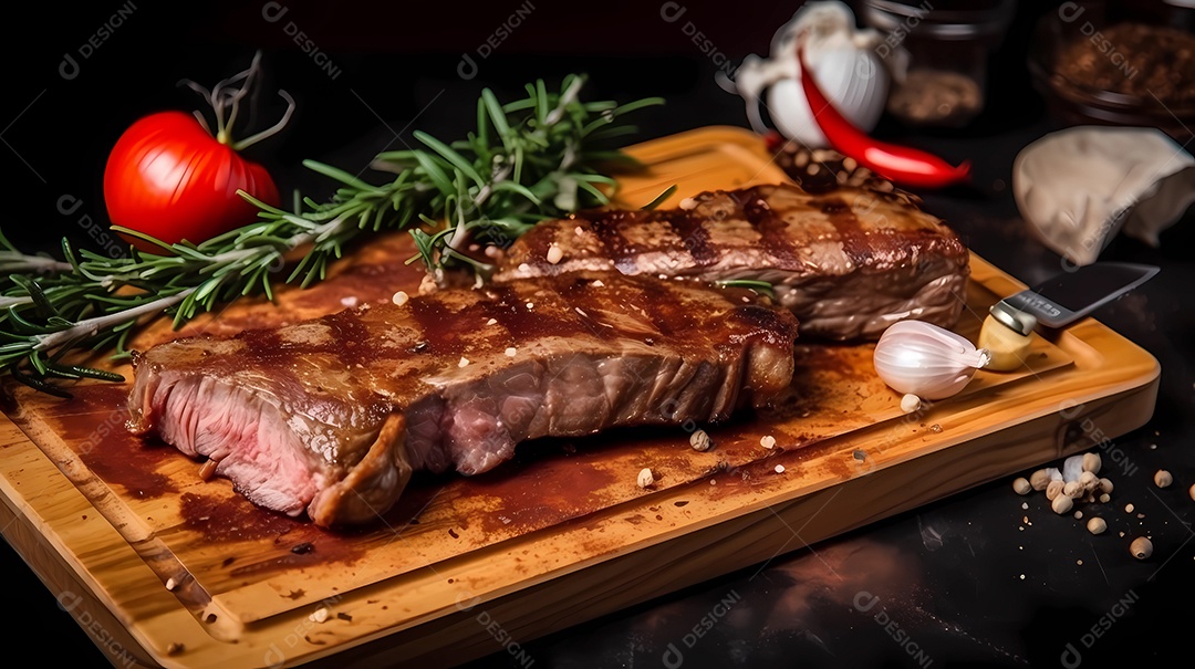 Delicioso bife grelhado em uma tábua de corte de madeira, com especiarias