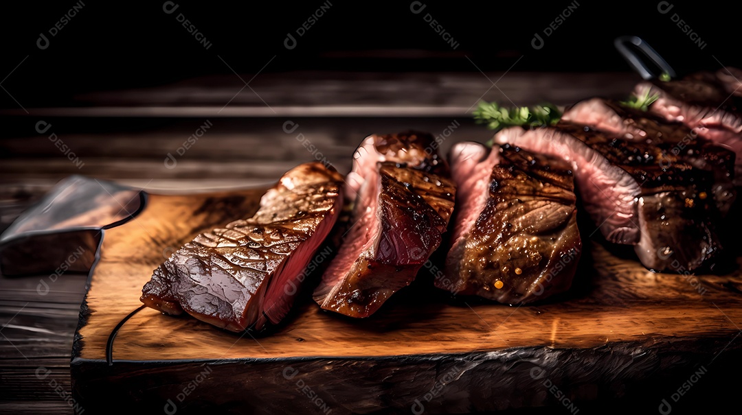 Delicioso bife grelhado em uma tábua de corte de madeira, com especiarias