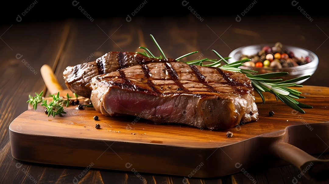 Delicioso bife grelhado em uma tábua de corte de madeira, com especiarias