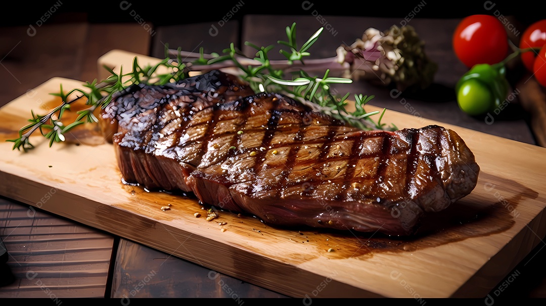 Delicioso bife grelhado em uma tábua de corte de madeira, com especiarias