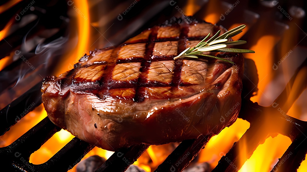 Dois bifes grelhados na brasa, fogo quente.