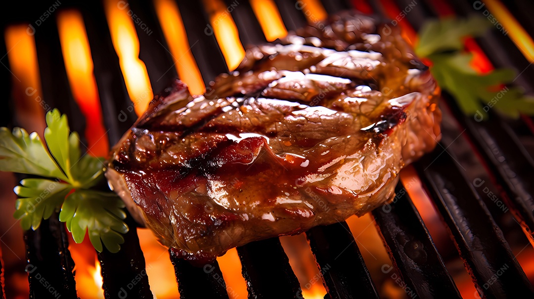 Dois bifes grelhados na brasa, fogo quente.