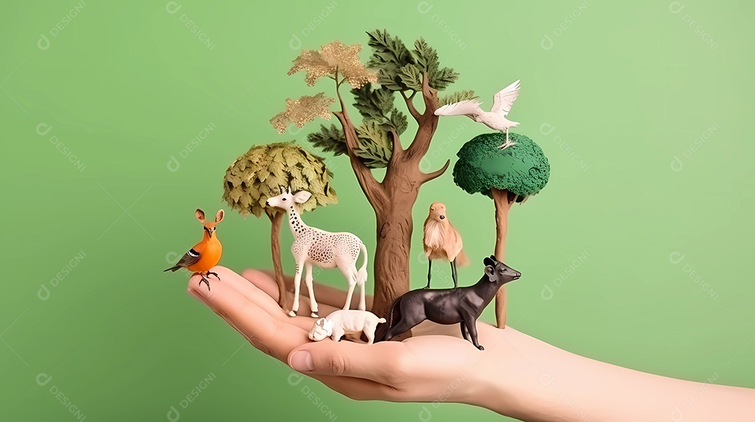 Conceito de mão segurando a natureza, cuidando de animais e preservando