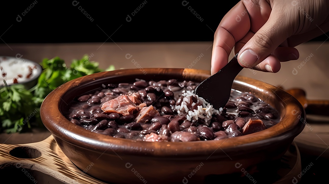 Dando uma colherada de feijoada. comida tradicional brasileira