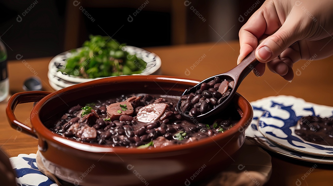 Dando uma colherada de feijoada. comida tradicional brasileira