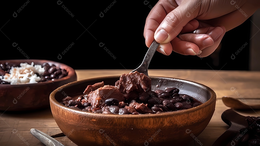 Dando uma colherada de feijoada. comida tradicional brasileira