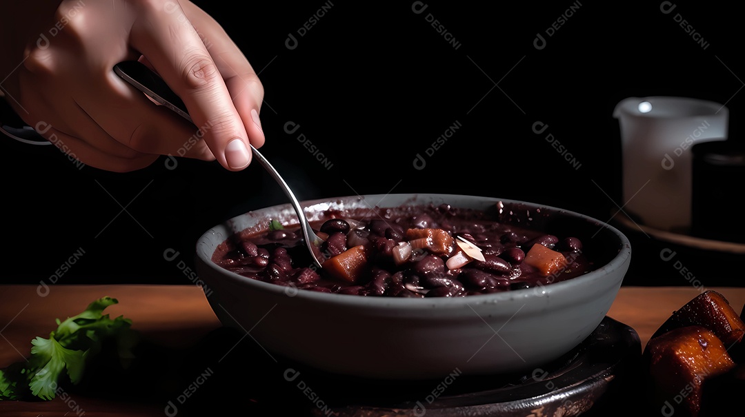 Dando uma colherada de feijoada. comida tradicional brasileira