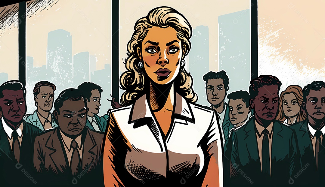 Ilustração dos desenhos animados da mulher mostrando liderança na frente