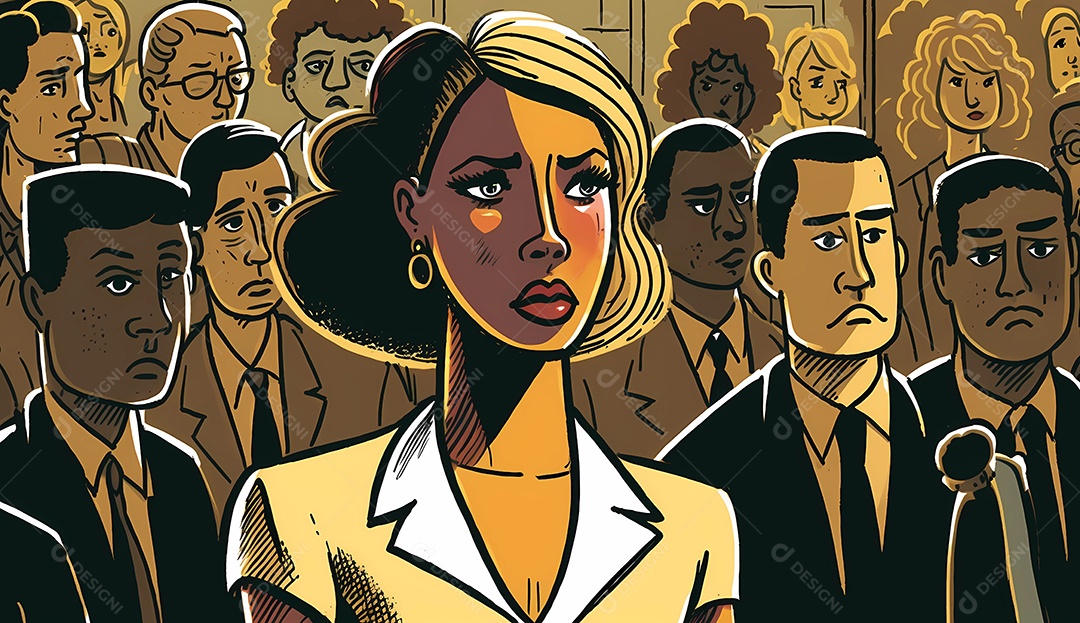 Ilustração dos desenhos animados da mulher mostrando liderança na frente