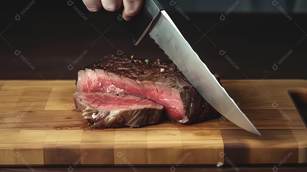 Pessoa cortando uma fatia de bife malpassado em uma tábua.