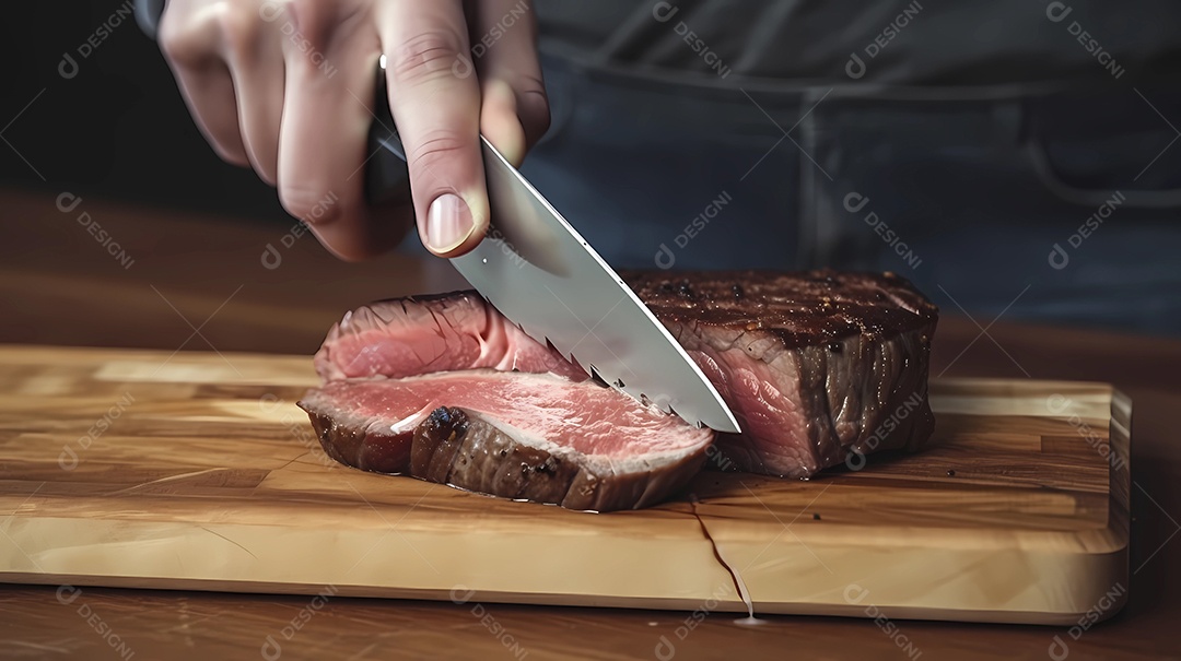 Pessoa cortando uma fatia de bife malpassado em uma tábua.