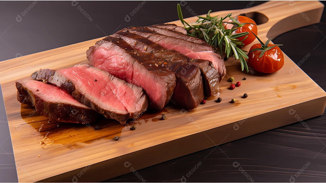 Delicioso bife grelhado em uma tábua de corte de madeira, com especiarias