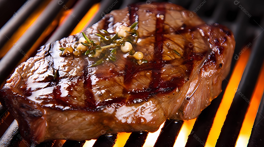 Bife grelhado na brasa, fogo quente.
