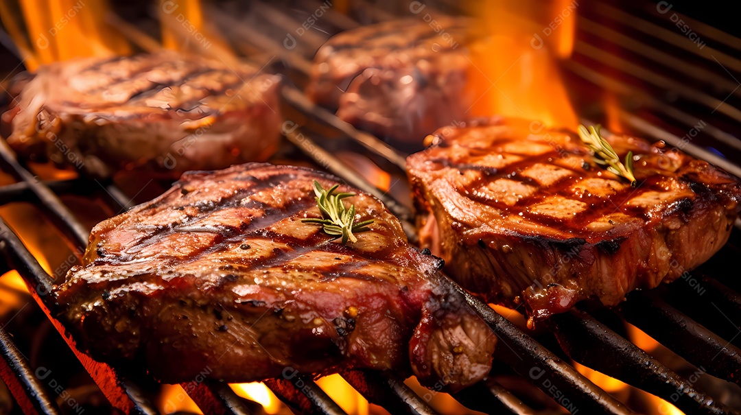 Bifes grelhados na brasa, fogo quente.