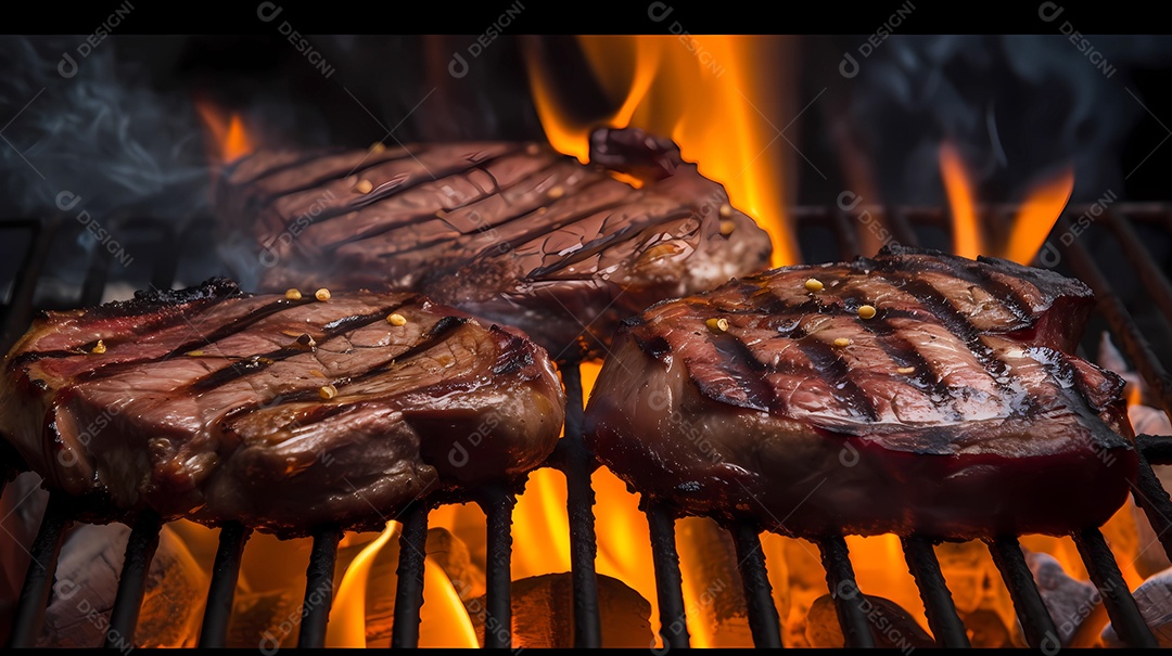 Bifes grelhados na brasa, fogo quente.