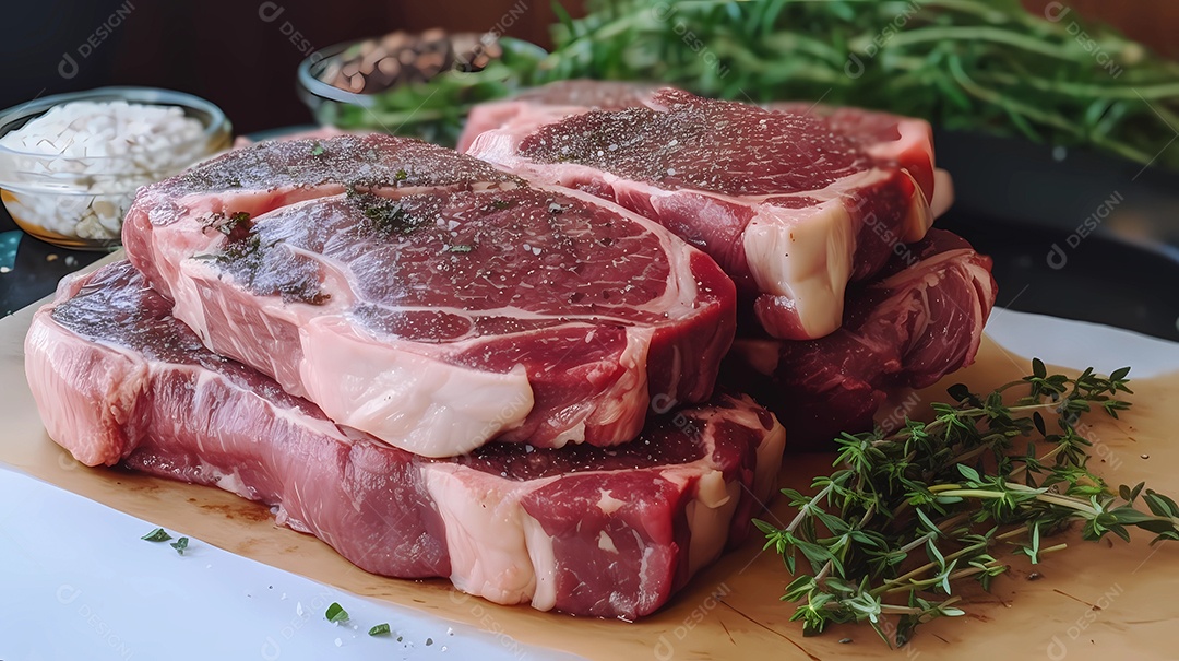 Deliciosos bifes crus de churrasco em cima da tábua com especiarias