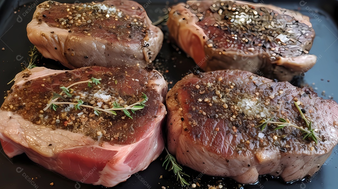 Deliciosos bifes crus de churrasco em cima da tábua com especiarias