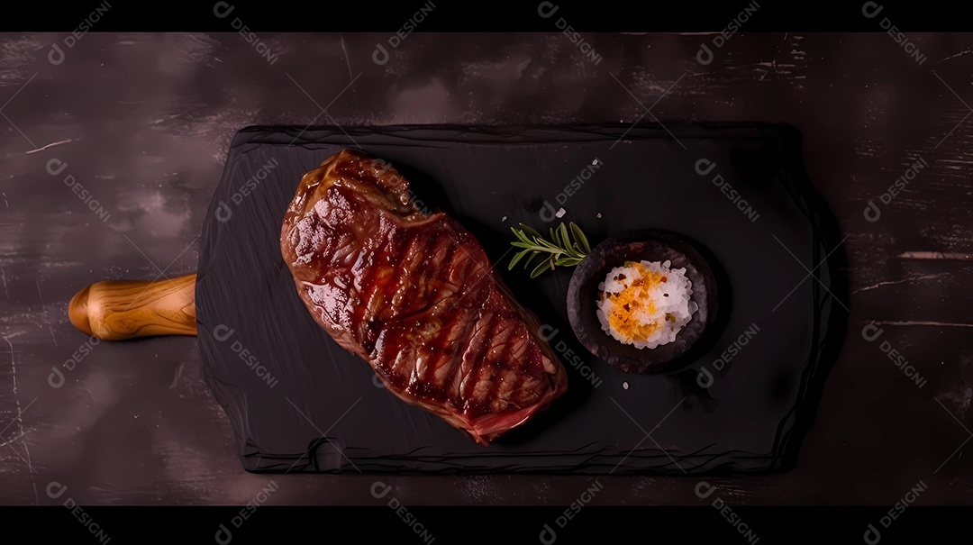 Deliciosos bifes crus de churrasco em cima da tábua com especiarias