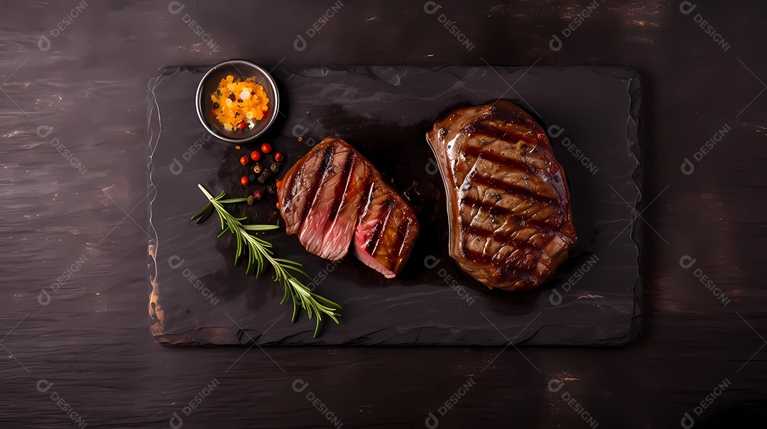 Deliciosos bifes crus de churrasco em cima da tábua com especiarias