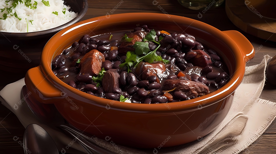 Feijoada tradicional brasileira com feijão preto, carne de porco, arroz, mandioca e laranja.