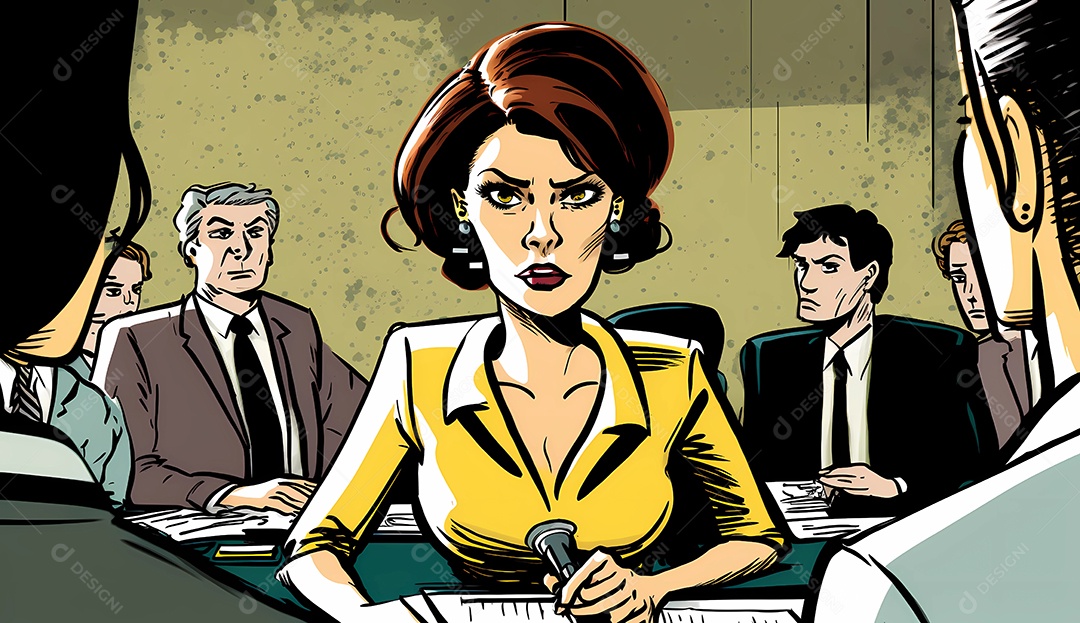 Ilustração dos desenhos animados da mulher mostrando liderança na frente da equipe corporativa.