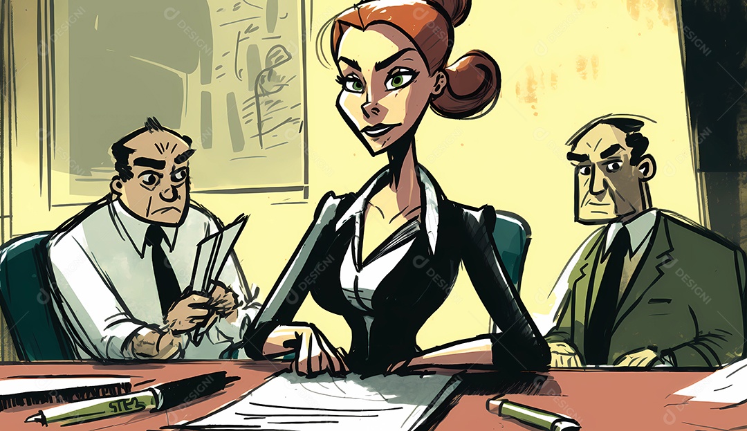 Ilustração dos desenhos animados da mulher mostrando liderança na frente da equipe corporativa.