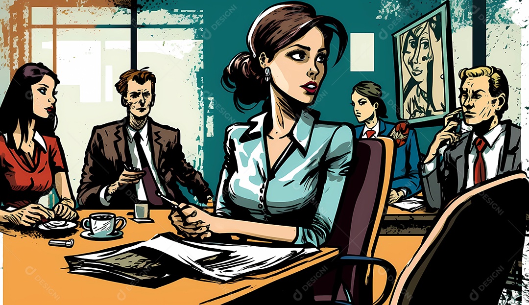 Ilustração dos desenhos animados da mulher mostrando liderança na frente da equipe corporativa.