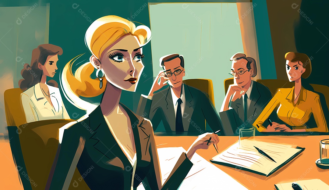 Ilustração dos desenhos animados da mulher mostrando liderança na frente da equipe corporativa.