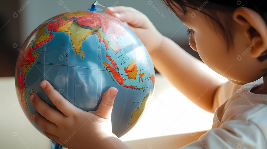 Mão pequena de uma criança explorando, brincando e se divertindo com o globo terrestre.