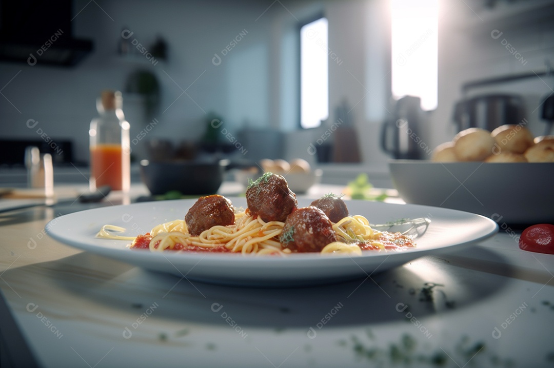 Macarrão espaguete com almôndegas em molho de tomate caseiro na mesa de madeira