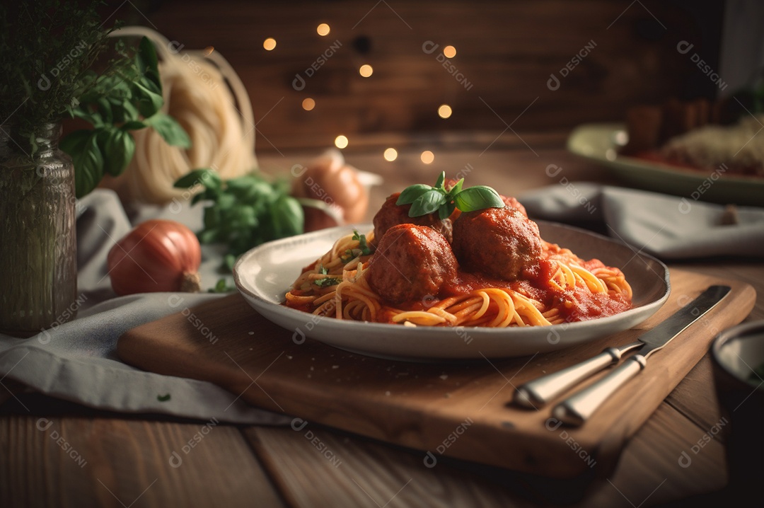 Macarrão espaguete com almôndegas em molho de tomate caseiro na mesa de madeira