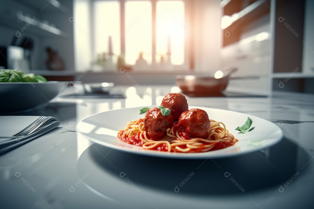 Macarrão espaguete com almôndegas em molho de tomate caseiro na mesa de madeira