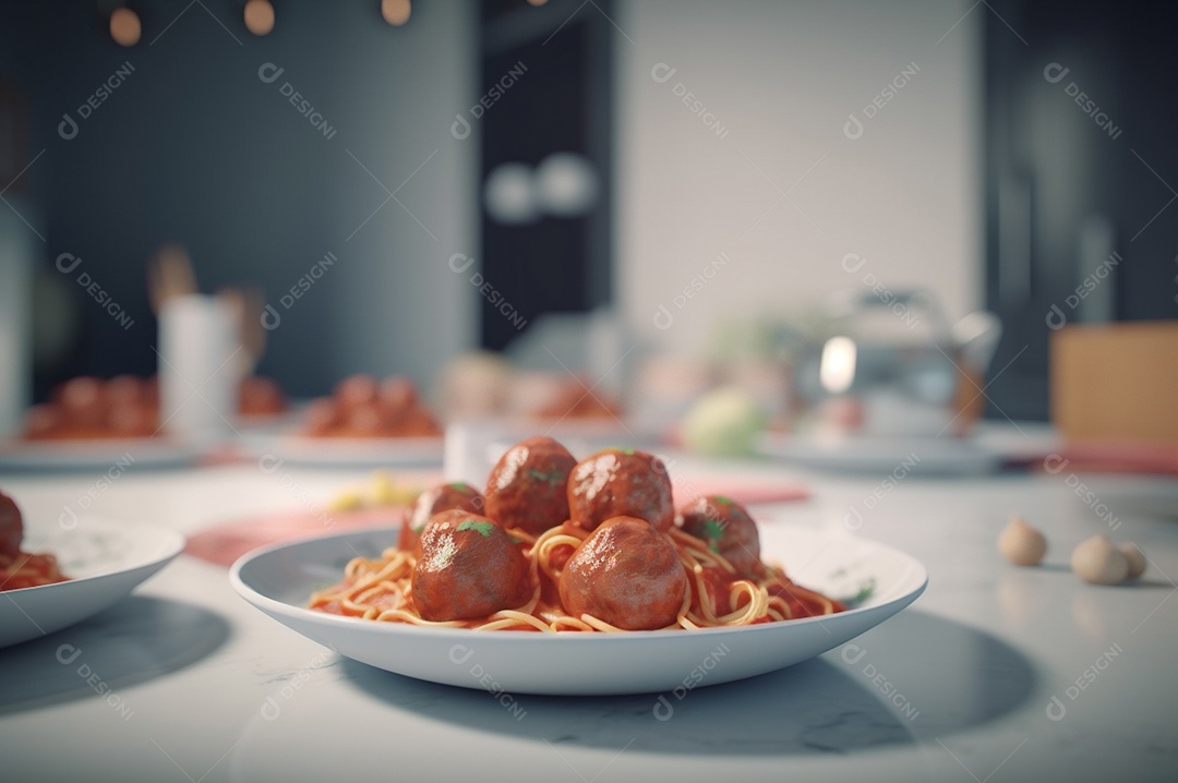 Macarrão espaguete com almôndegas em molho de tomate caseiro na mesa de madeira