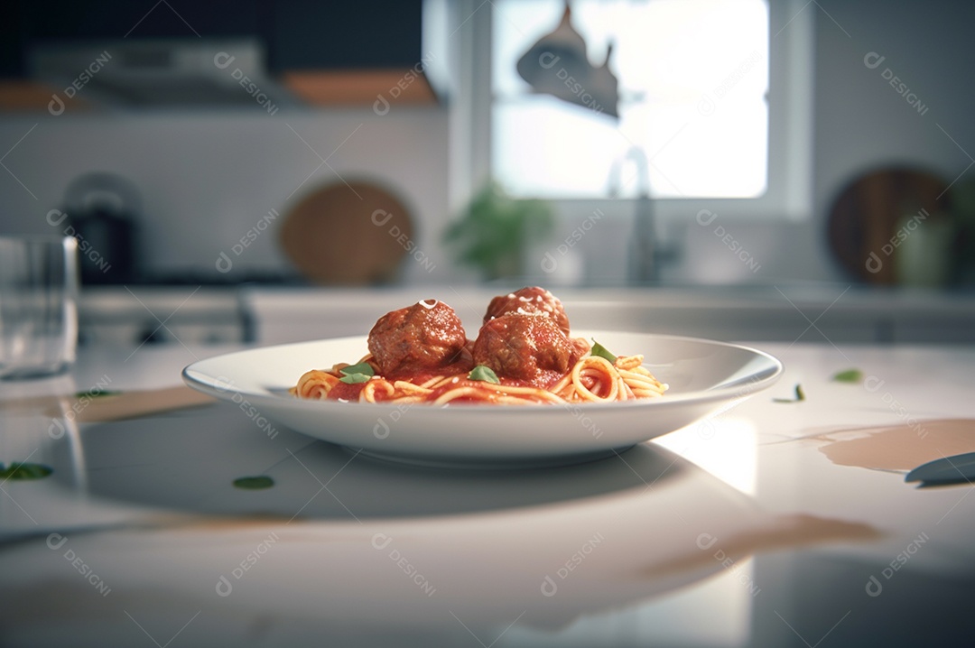 Macarrão espaguete com almôndegas em molho de tomate caseiro na mesa de madeira