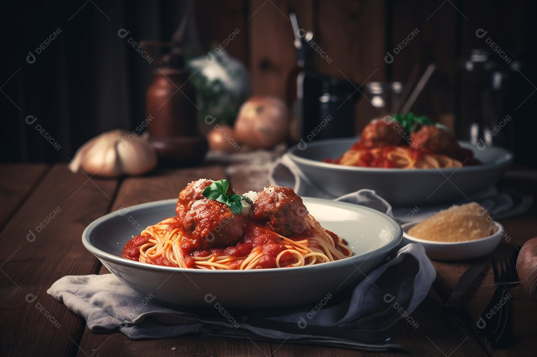 Macarrão espaguete com almôndegas em molho de tomate caseiro na mesa de madeira