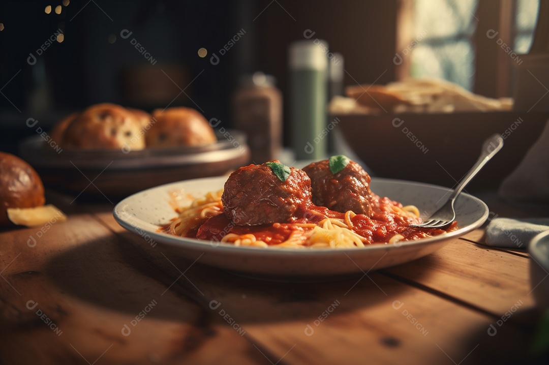 Macarrão espaguete com almôndegas em molho de tomate caseiro na mesa de madeira