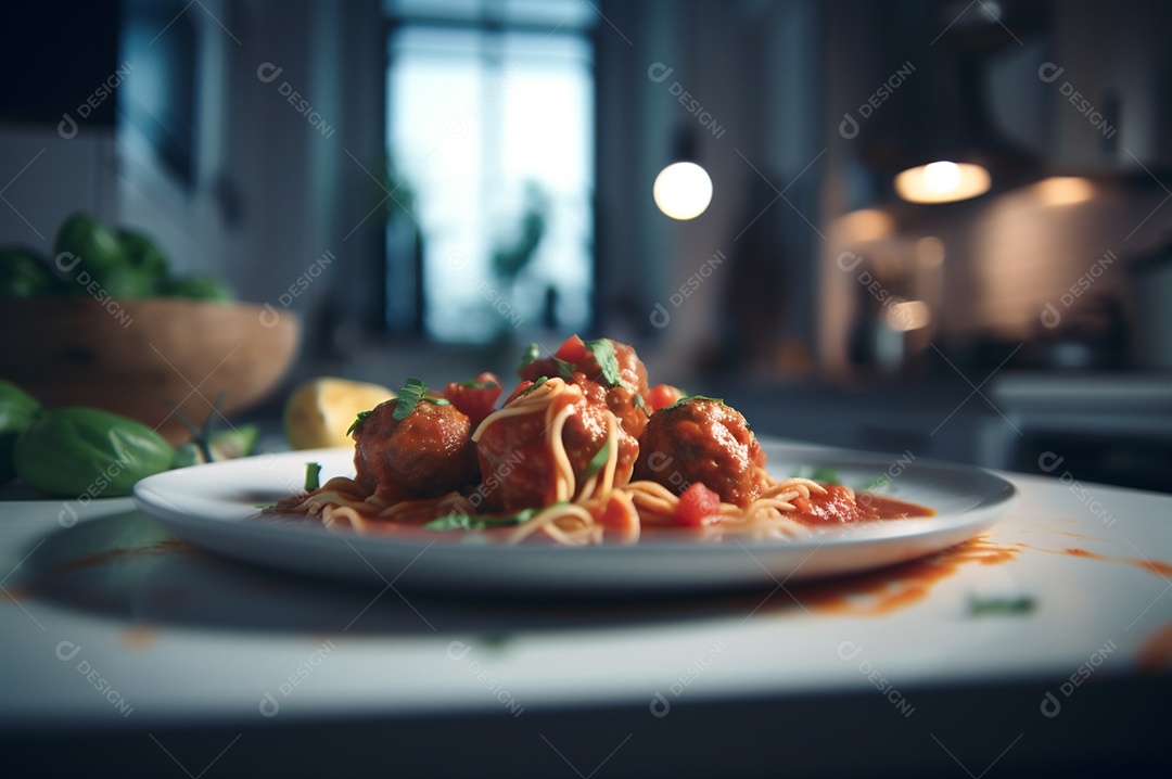 Macarrão espaguete com almôndegas em molho de tomate caseiro na mesa de madeira