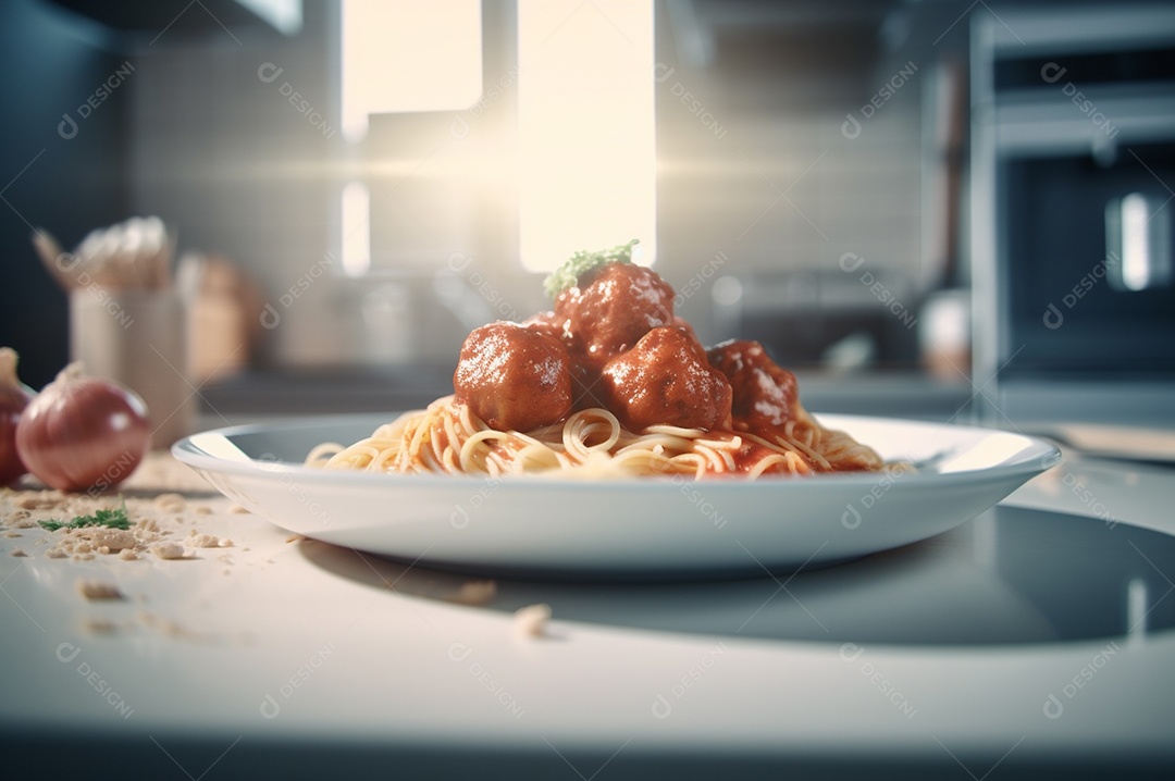 Macarrão espaguete com almôndegas em molho de tomate caseiro na mesa de madeira