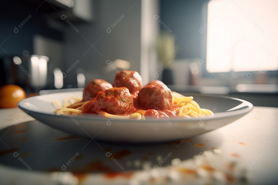 Macarrão espaguete com almôndegas em molho de tomate caseiro na mesa de madeira