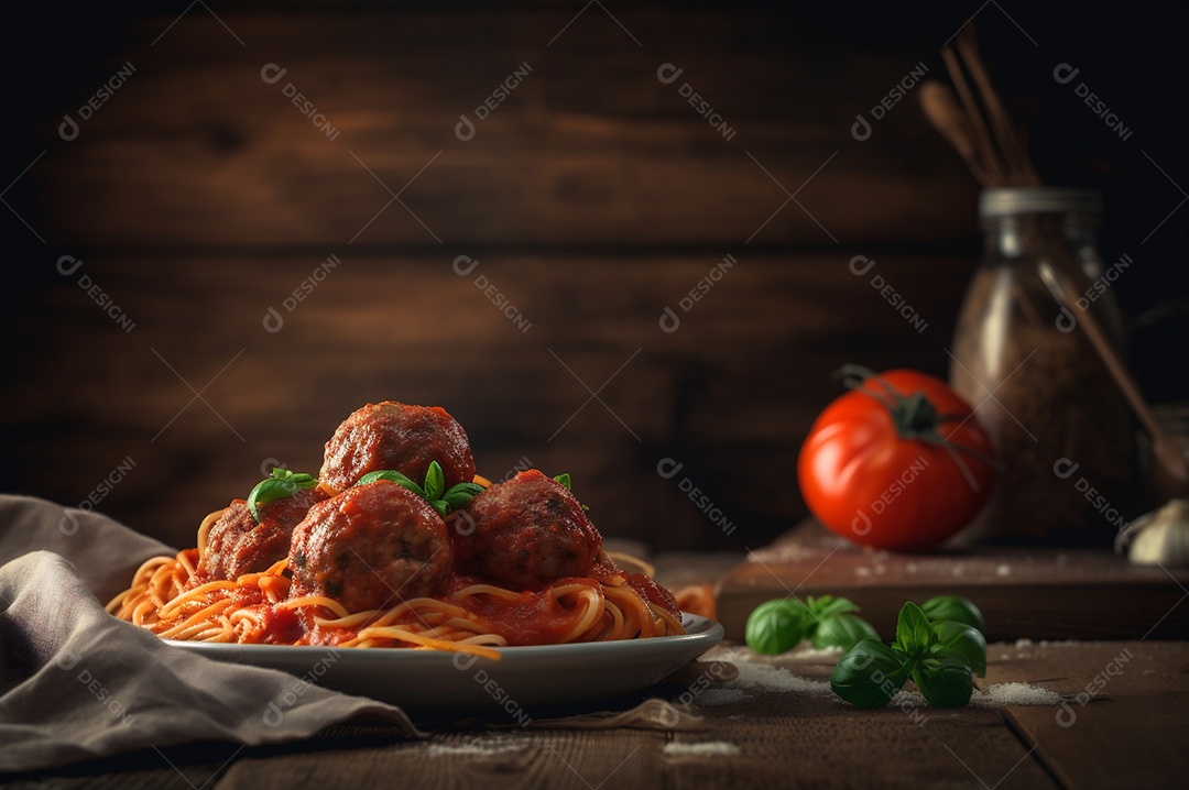 Macarrão espaguete com almôndegas em molho de tomate caseiro na mesa de madeira